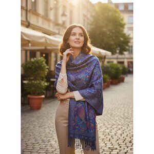 Elegant Purple/Blue Butterfly Patterned Shawl Wrap Scarf With Fringes